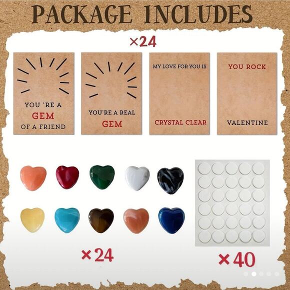 Valentine's Day Cards with Heart Crystals - 24 Pack for Kids' Class Parties - Picture 2 of 3